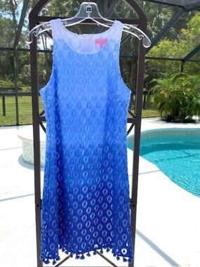 Lilly Pulitzer Marquette Ombre Lace Shift Dress Tassels Sleeveless Blue XS